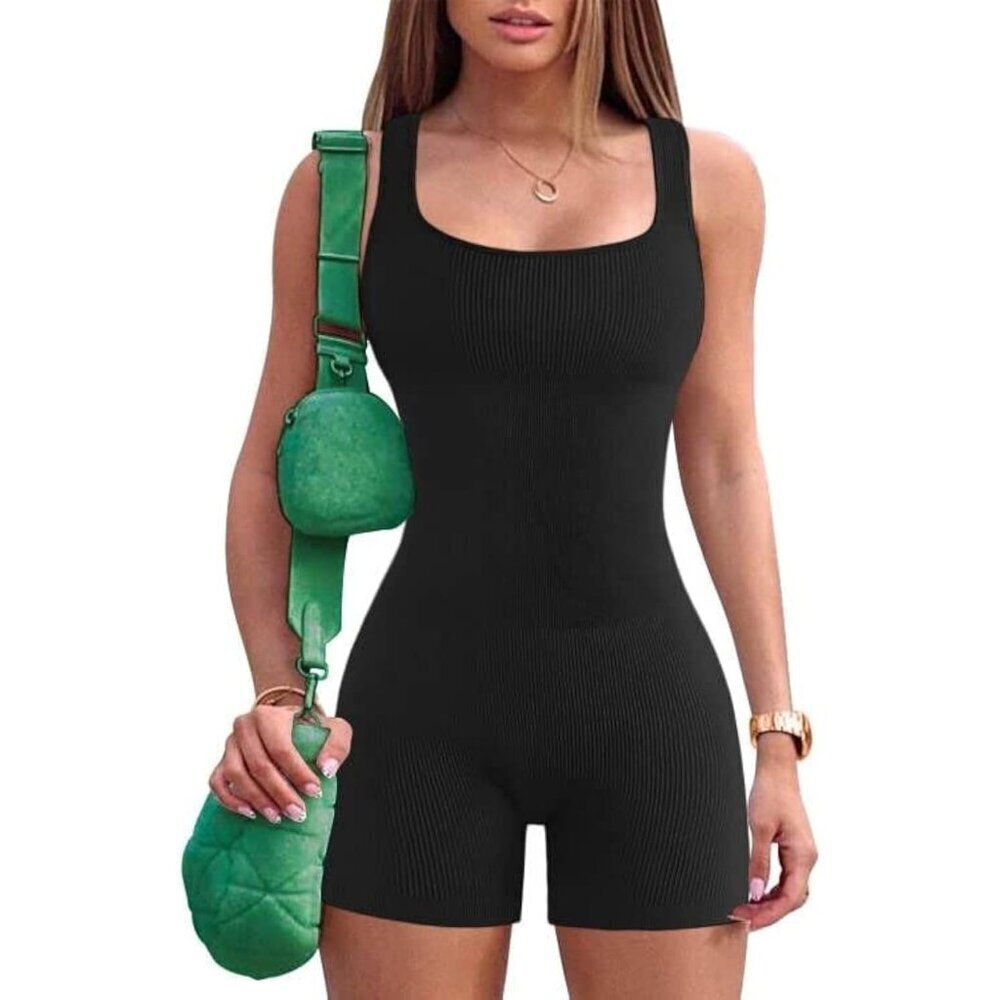 🆕 Women Black Yoga Jumpsuit Ribbed One Piece Tank Top Sleeveless Bodycon Sport